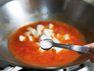 番茄豆腐汤,加盐调味，煮到豆腐入味