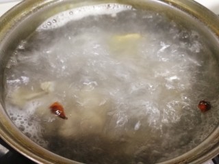 酸菜炖粉条,脊骨放入开水里，加姜片八角，料酒，大火煮开改文火炖15分钟。（开水要多一些）