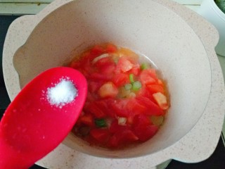 番茄豆腐汤,加入适量盐小火炒至西红柿出汤汁