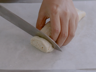 手抓饼的多样吃法,卷到中间捏紧翻面，开始切成0.6cm的薄片。