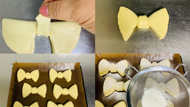 蝴蝶结小面包,整理好形状的蝴蝶结码入盘中进行一次发酵。