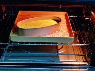 半熟芝士蛋糕,将模具放入预热好有水的烤盘中，(水浴烤法）上下170度烤20分钟，20分钟后，蛋糕表面已经定型上色，这时将烤箱上下调到140度，烤40分钟，烤好后不要马上将模具取出，放在烤箱里焖30分钟。