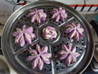 紫薯花朵馒头,全部做好放在蒸锅二次发酵10分钟，蒸锅提前烧开水，发酵的时候不开火