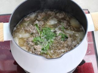 萝卜肉丸汤,按照个人口味调入适量的盐，撒香菜段关火即可。