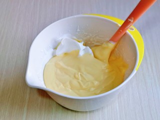 酸奶芝士蛋糕,再把蛋糕糊倒入蛋白器具中，翻拌至看不到蛋白即可。