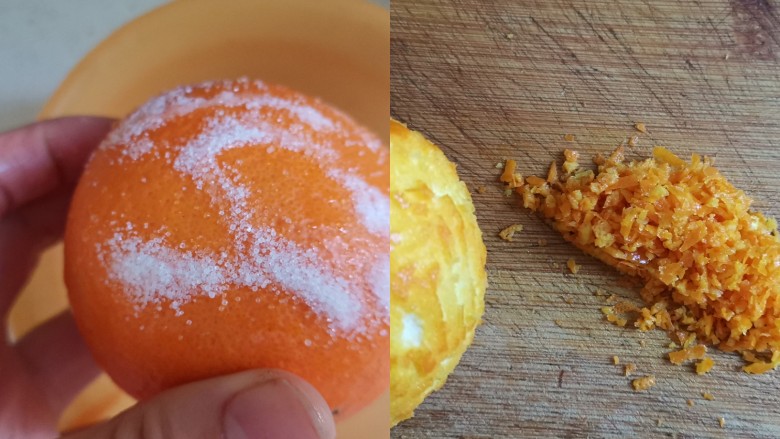 香橙🍊海绵纸杯蛋糕（不开裂不回缩）,橙子上撒少许盐，用手搓洗干净，然后用擦丝器擦掉橙子皮，再切碎后加少许白砂糖腌制片刻
