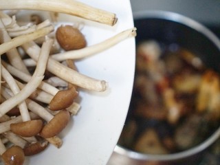 新年第一炖，茶树菇炖鸡,13、翻炒一下，使鸡肉均匀裹上调味料，倒入150克的水后加入茶树菇。