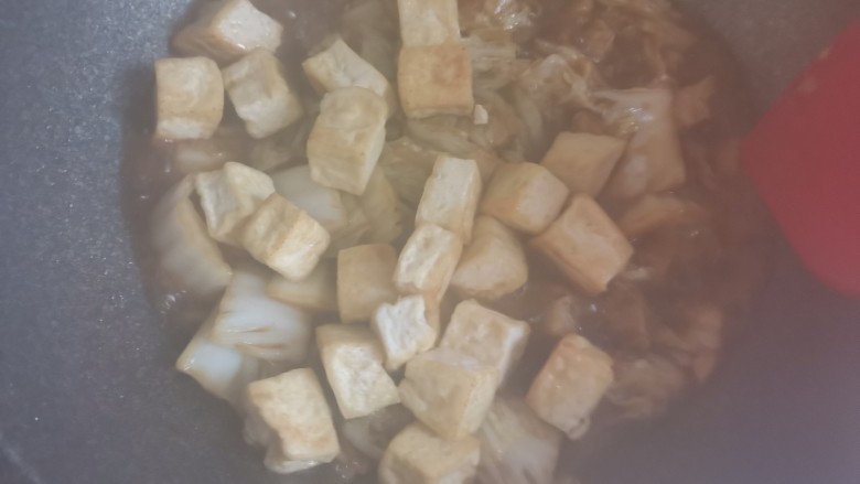 白菜炒豆腐,白菜已经软烂入味，下入豆腐翻炒均匀