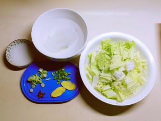 白菜粉丝汤,姜片备好，葱一半切碎 一半切片，粉丝用清水浸泡10分钟，水淀粉备好。