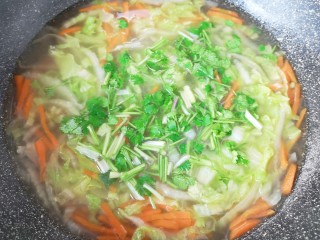 白菜粉丝汤,下入香菜搅拌均匀。