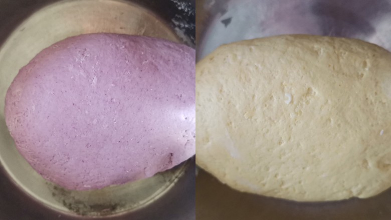 南瓜紫薯馒头,分别揉成光滑的面团，放在温暖的地方发酵至原来的2倍大