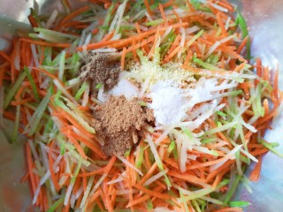 白菜丸子汤,将萝卜丝一起放在盆里搅拌均匀，放盐、鸡精、泡打粉、十三香和花椒粉搅拌均匀。