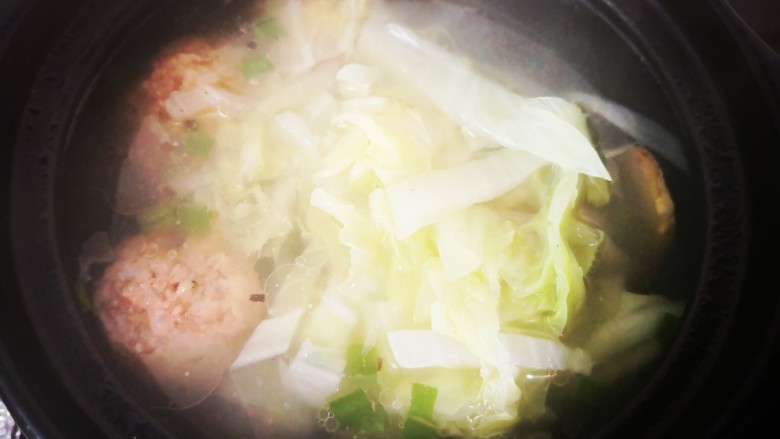 白菜丸子汤,时间到开盖放入白菜继续煮至白菜断生