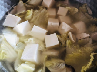 白菜丸子汤,锅中加入适量清水煮开，水开后放入豆腐继续烧开。