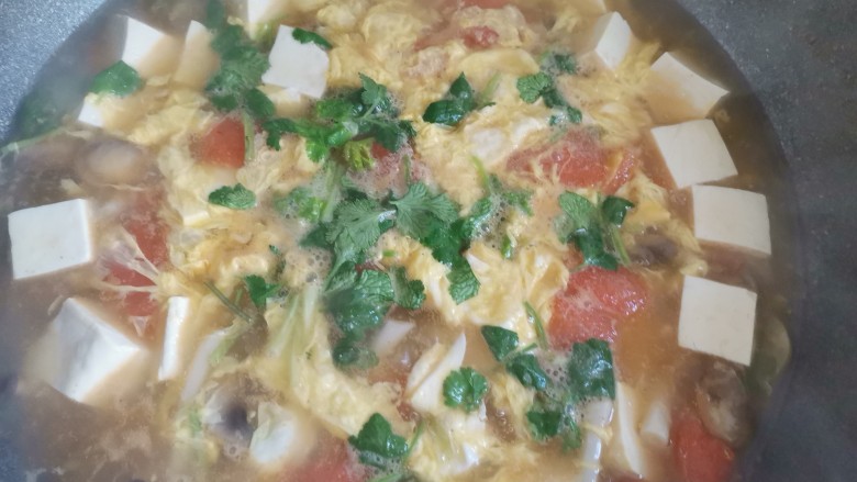 西红柿豆腐汤,最后撒上香菜即可出锅。