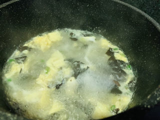 木耳蛋花汤,搅拌均匀调料，撒些葱花，起锅