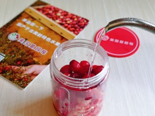 水果汤圆,首先将新鲜蔓越莓洗干净，放入果汁杯中，加入蜂蜜，再加入 纯净水。
