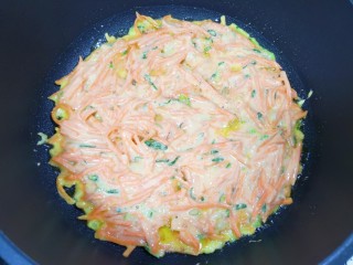 胡萝卜鸡蛋饼,平底锅里刷上一层食用油烧热，倒入搅拌好的面糊，用铲子抹平。