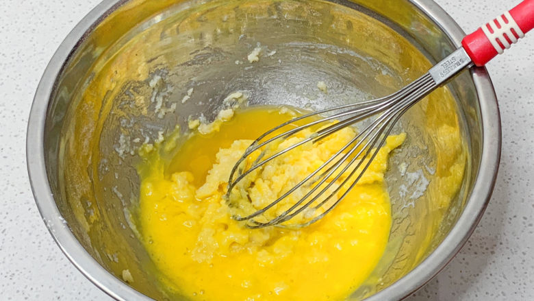 橙子蛋糕,蛋黄糊部分3⃣️蛋黄打散，与橙汁加入上述部分中，搅匀。