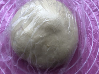 花朵奶油奶酪面包,滚圆面团后盖保鲜膜进行第一次发酵。