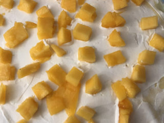芒果千层蛋糕,接着可以均匀铺一层芒果丁。