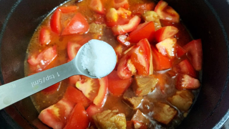 西红柿炖牛肉,加入适量的盐调味