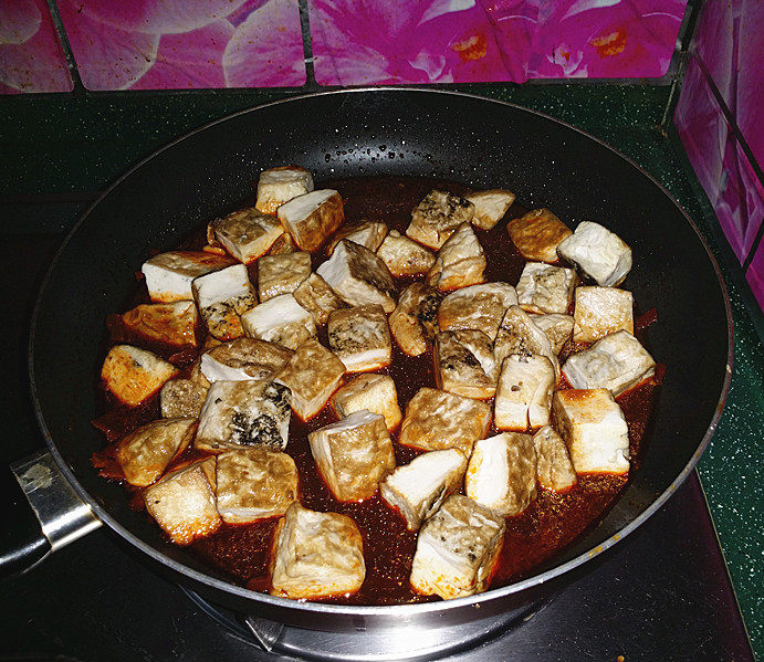 肥肠炖豆腐,放入煎好的豆腐