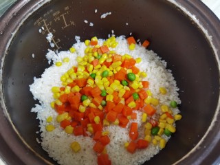 网红饭🍅～一个番茄饭,大米洗净，加入切好的胡萝卜🥕丁，玉米粒和豌豆