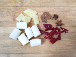 酱香排骨,大葱切成段，生姜切成片，准备好八角、桂皮和干红辣椒。