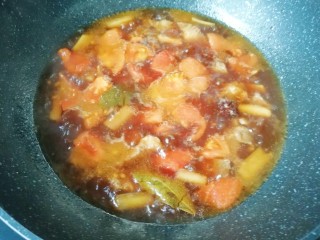 西红柿土豆炖牛肉,加入一碗开水烧开，放盐调味，盖上锅盖中小火炖一个小时。 