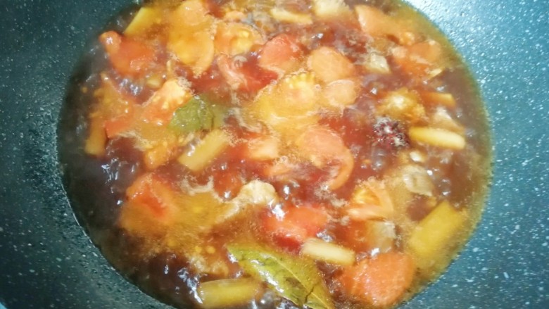 西红柿土豆炖牛肉,加入一碗开水烧开，放盐调味，盖上锅盖中小火炖一个小时。 
