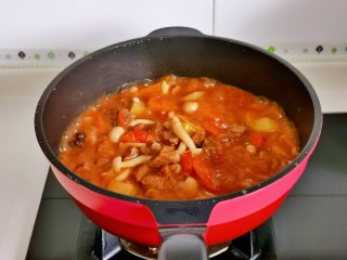 西红柿土豆炖牛肉,按个人口味加入盐调味，大火收汁至浓稠即可关火。
