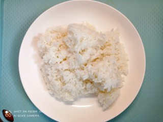 鸡蛋火腿炒饭,盛一碗大米饭，米饭建议提前加热，这样炒的话会更快一些