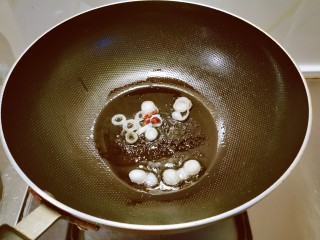 虾皮丝瓜汤,起油锅放入食用油，油热后放入八角炒出香味，放入葱片炒香。