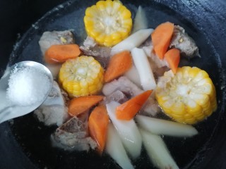 山药炖排骨,炖一会之后放入胡萝卜并加入一勺盐调味