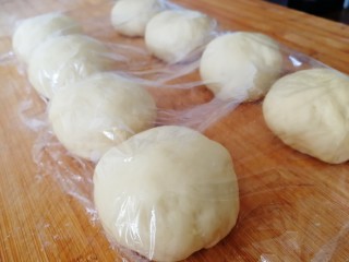 椰蓉面包,取出面板轻按排气，分8等份，揉圆保鲜膜盖上松弛10分钟。