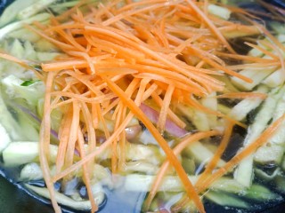 素卷三丝,胡萝卜洋葱茄子黄瓜也倒入开水锅中，