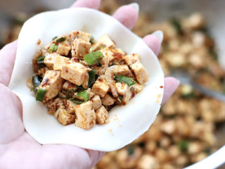 麻辣豆腐虾皮包,把饺子皮再擀薄一点，放入适量的馅料收口包好。
