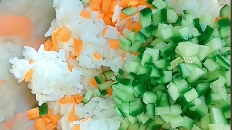 蔬菜肉饼,<a style='color:red;display:inline-block;' href='/shicai/ 507'>米饭</a>一碗，加入鸡肉末，胡萝卜黄瓜丁。