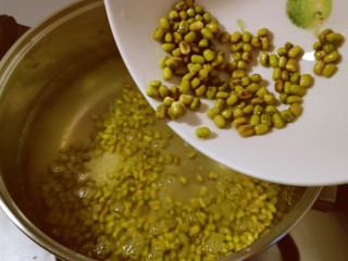 绿豆南瓜粥,汤锅烧开水，放入绿豆煮开。