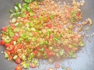 米饭杀手——肉沫酸豆角,加入青红椒翻炒均匀。