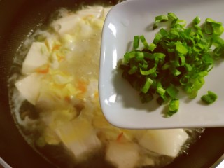 豆腐蛋花汤,蛋花飘起，撒上葱绿碎。