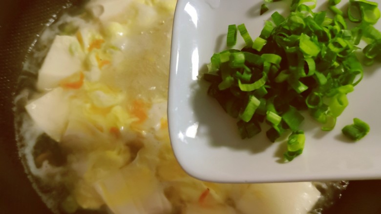 豆腐蛋花汤,蛋花飘起，撒上葱绿碎。