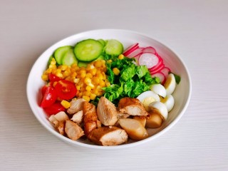 鸡胸肉蔬菜沙拉,所有食材装盘。