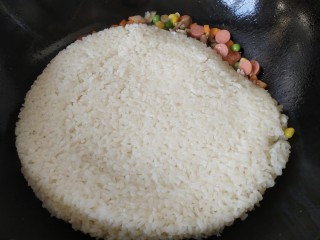 五彩的糯米饭,倒入蒸好的糯米饭，翻炒，把米饭炒散