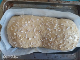肉桂核桃吐司,二次发酵完成后，刷上蛋液，撒上适量的燕麦片