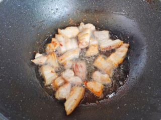 白萝卜炖猪肉,起油锅，油热后下猪肉，中小火煸炒至两面金黄，并有油脂逼出来