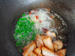 白萝卜炖猪肉,下小葱（一半）、生姜、干红辣椒、八角，炒香