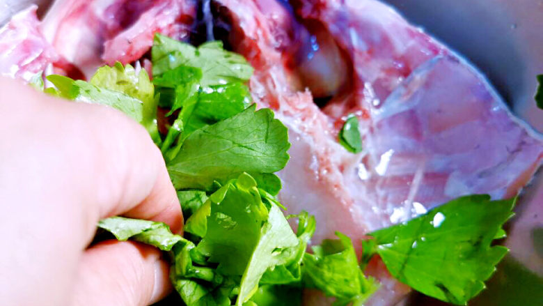 鱼头炖汤,翻个身，用芹菜叶擦拭鱼肉可增香去腥