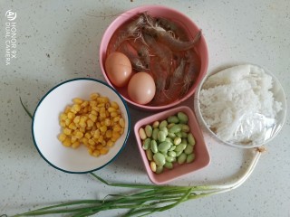 玉米虾仁蛋炒饭,准备食材备用，基围虾，鸡蛋，玉米粒，青豆，剩米饭，小葱